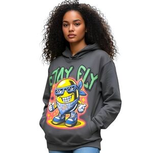 NWT Unisex STAY FLY Pull-over Medium Grey Hoodie W/ Cartoon Character By SWITCH